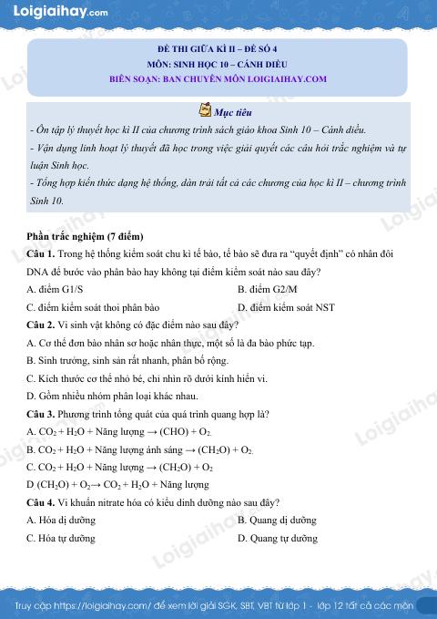 Đề thi giữa kì 2 Sinh 10 Cánh diều - Đề số 4